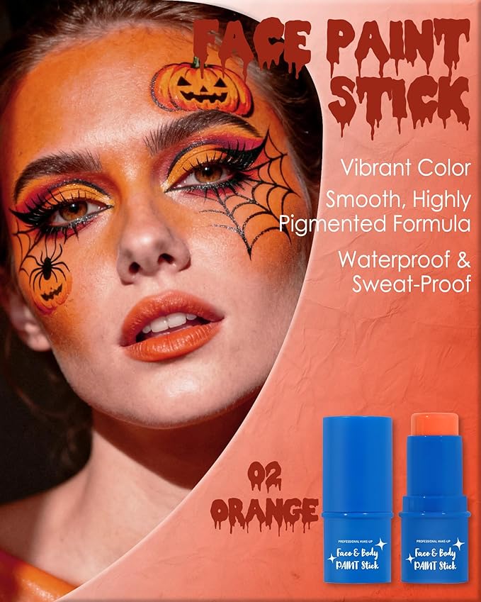 Orange Face Paint Stick, Waterproof Highly Pigmented Full Body Paint for Adults, Orange Eye Black Stick for Baseball Sports, Body Face Painting for SFX Cosplay Halloween Makeup-02