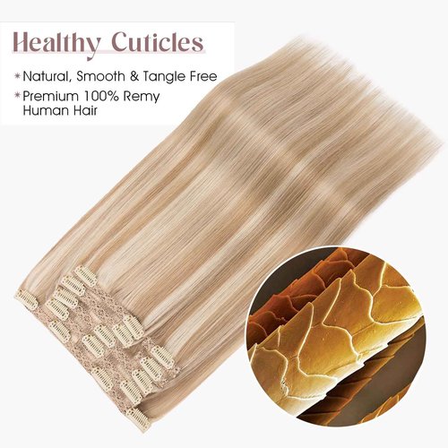 Elailite Clip in Hair Extensions Real Human Hair, Remy Hairpieces for Women, 7PCS Lace Weft Full Head, 14 Inch 100g Golden brown & Bleach Blonde