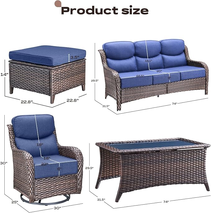 Rilyson Wicker Outdoor Patio Furniture Set - 6 Piece Patio Conversation Sets with Swivel Rocker Chairs, Ottomans, Sofa and Coffee Table, 6 inch Cushions, Deep Seating, for Porch Deck Brown/Blue