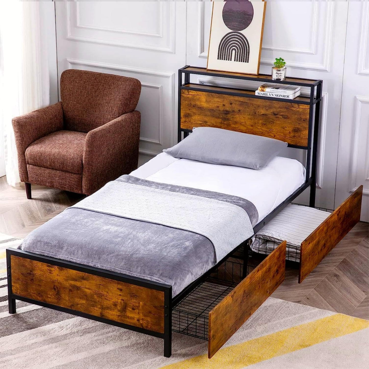 GAZHOME Twin XL Bed Frame with 2 Storage Drawers, Platform Bedframe with Storage Headboard, Strong Metal Slat Support/No Box Spring Needed/Easy Assembly/Space Saving