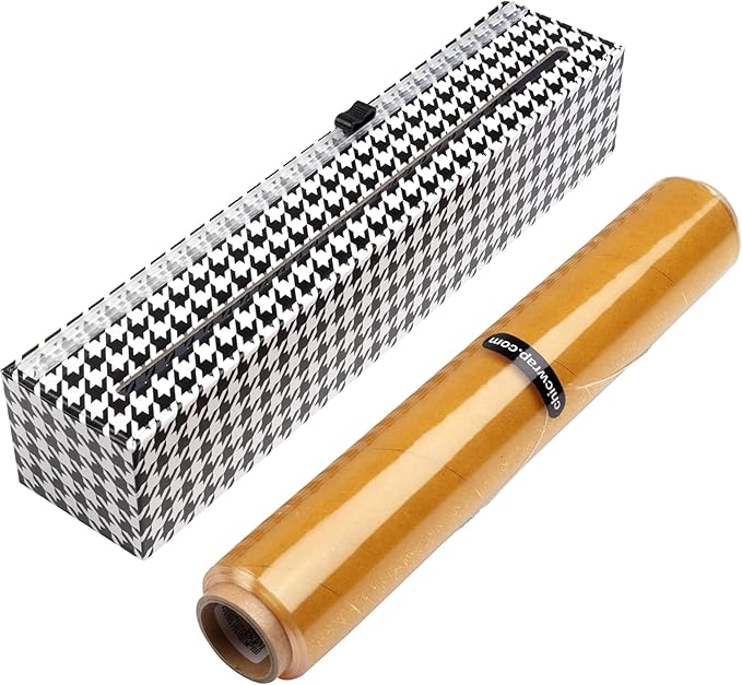 Chicwrap Houndstooth Refillable Plastic Wrap Dispenser - One 12" x 250' Roll of Professional Grade Plastic Wrap - BPA Free and Kosher Certified - Reusable Dispenser w/Slide Cutter