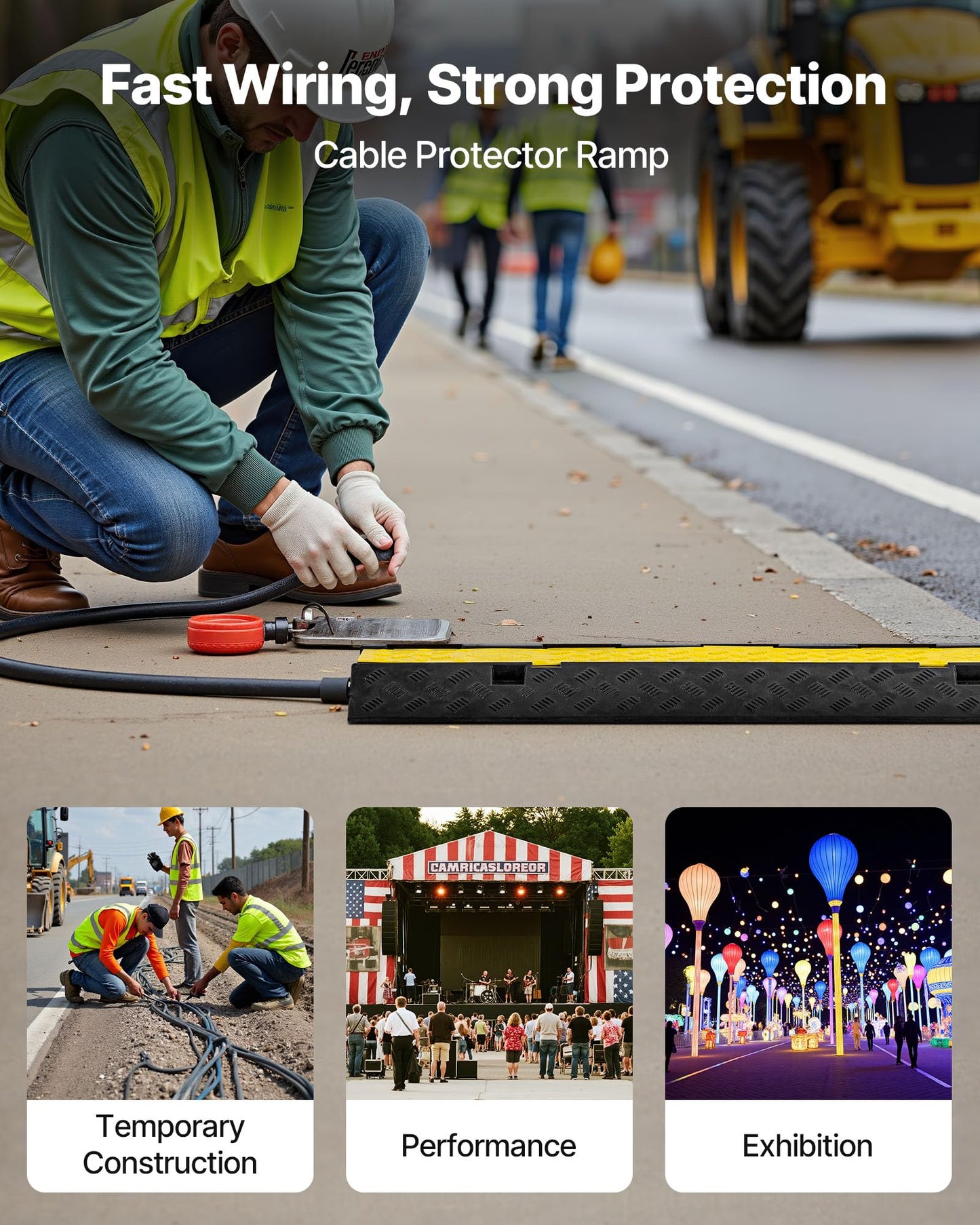 Vevor Cable Protector Ramp, 2 Channel Heavy Duty 39.37 Rubber Cord Hose Wire Cover, 2.2W X 2H Channel Size, Traffic Speed