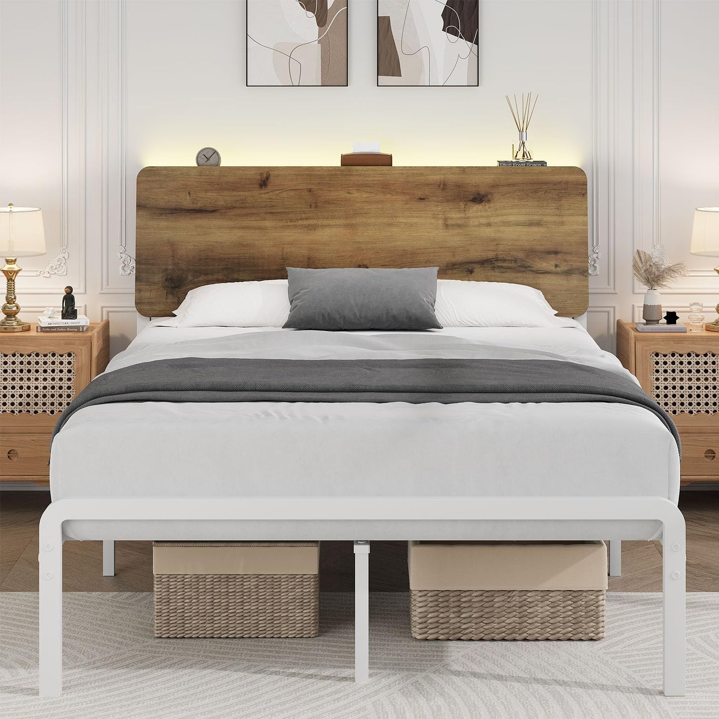 MaverickFurni Full Bed Frame, LED Bed Frame with Storage Headboard, Metal Platform Bed Full Size, Heavy Duty Metal Slats, No Box Spring Needed, Easy Assembly, White and Walnut