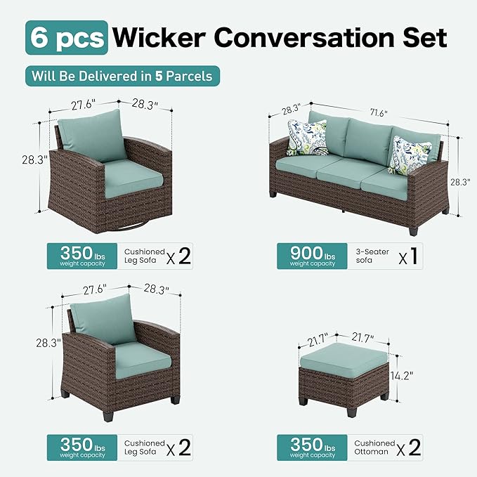 SUNSHINE VALLEY Swivel Glider Patio Furniture Set Outdoor Furniture Brown Wicker Rattan Patio Conversation Sets with Cushion Outside Sofa Set,7 Pieces 9 Seats,Blue
