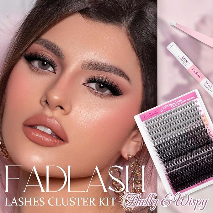 FADLASH Lash Extension Kit 20D+40D+50D Lash Clusters C Curl Lash Cluster Kit DIY Eyelash Extension Kit with Lash Bond and Seal Lash Tweezer Cluster Lashes (Kit, 20D+40D+50D-07C-Mix10-18)