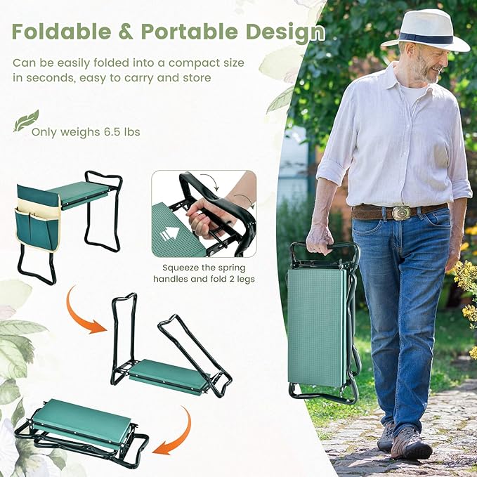 Goplus Garden Kneeler and Seat, Heavy-Duty Garden Bench w/Large Tool Pouch, Widen EVA Foam Kneeling Pad, Portable Gardening Gift for Women Men Seniors, Foldable Garden Stool for Kneeling & Sitting