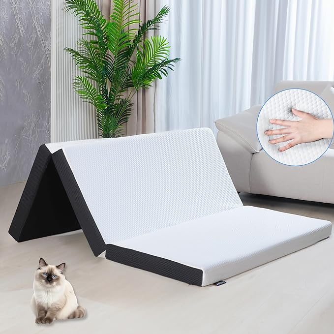 Roxzo 4-inch Full Size Memory Foam Trifold Mattress with Washable Fabric Cover, Foldable Floor Mattress for Camping & Guest Beds, 73x52x4 inches