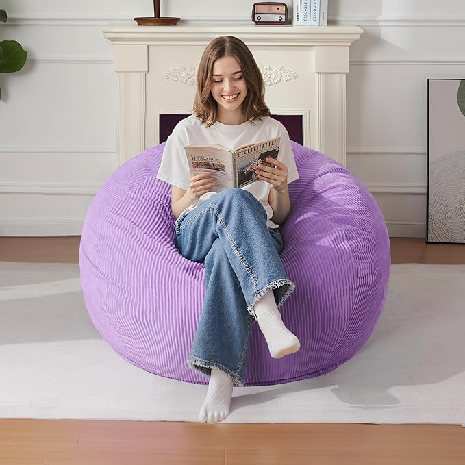 Homguava 3.5FT Bean Bag Chair: Teardrop Bean Bags with Memory Foam Filled, Compact Beanbag Chairs Soft Sofa with Corduroy Cover (Purple)