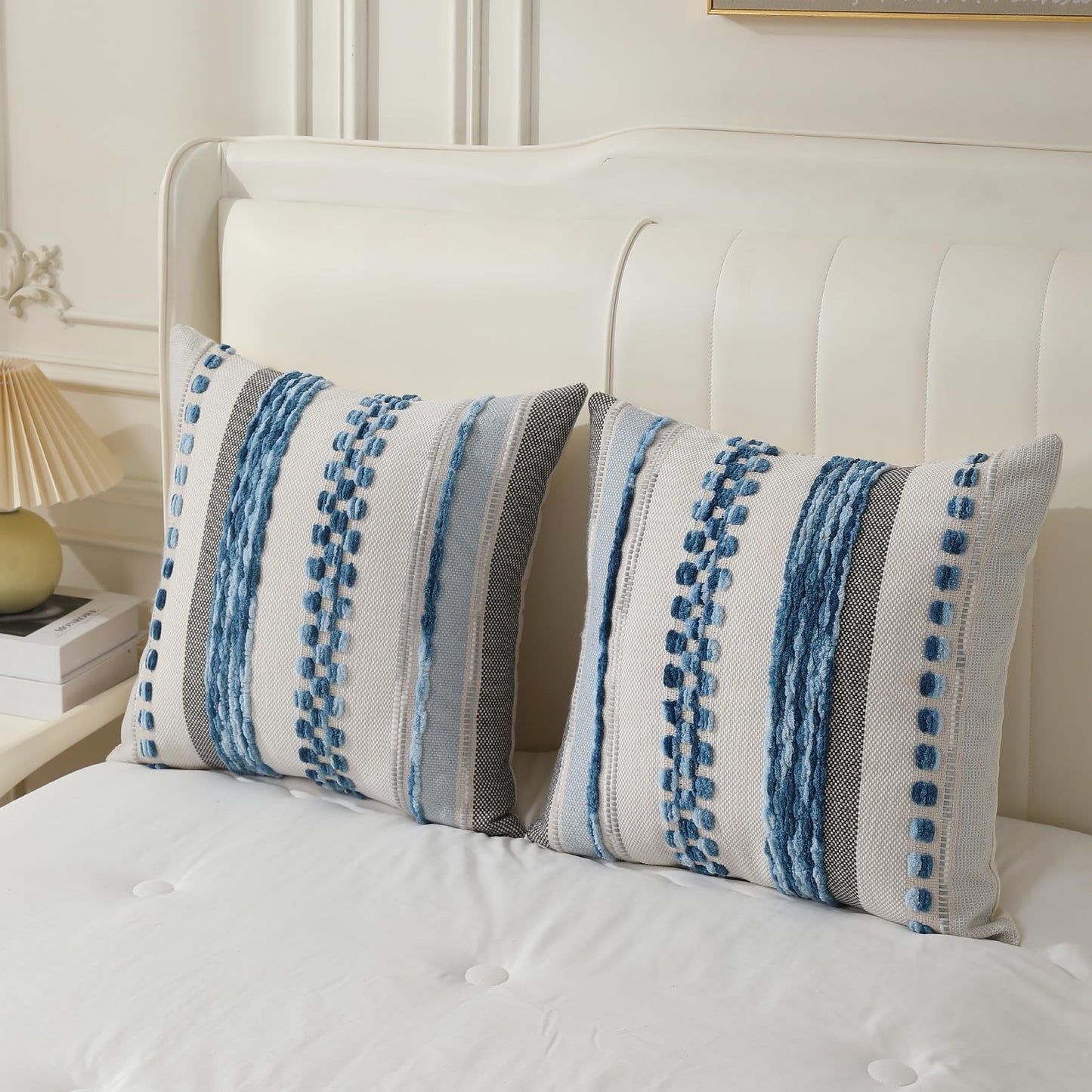 Boho Pillow Covers 18x18 Set of 2 for Couch-Modern Farmhouse Sofa Decorative Blue Throw Pillow Covers Textured Chenille Cushion Covers Outdoor Netural Bohemian Pillow Cases Square