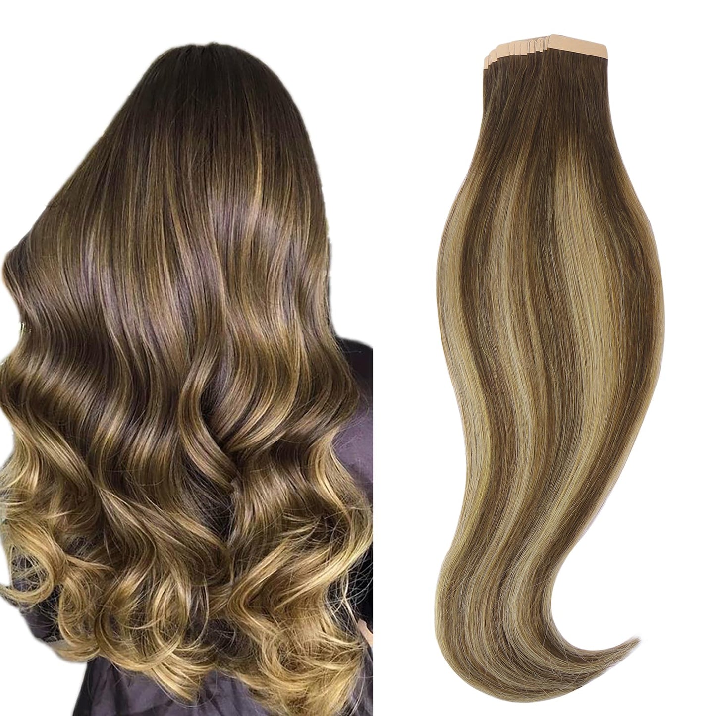 HOTBANANA Tape in Hair Extensions - 10 Inch 20pcs 30g Balayage Chocolate Brown Mixed Caramel Blonde - Straight Remy Human Hair