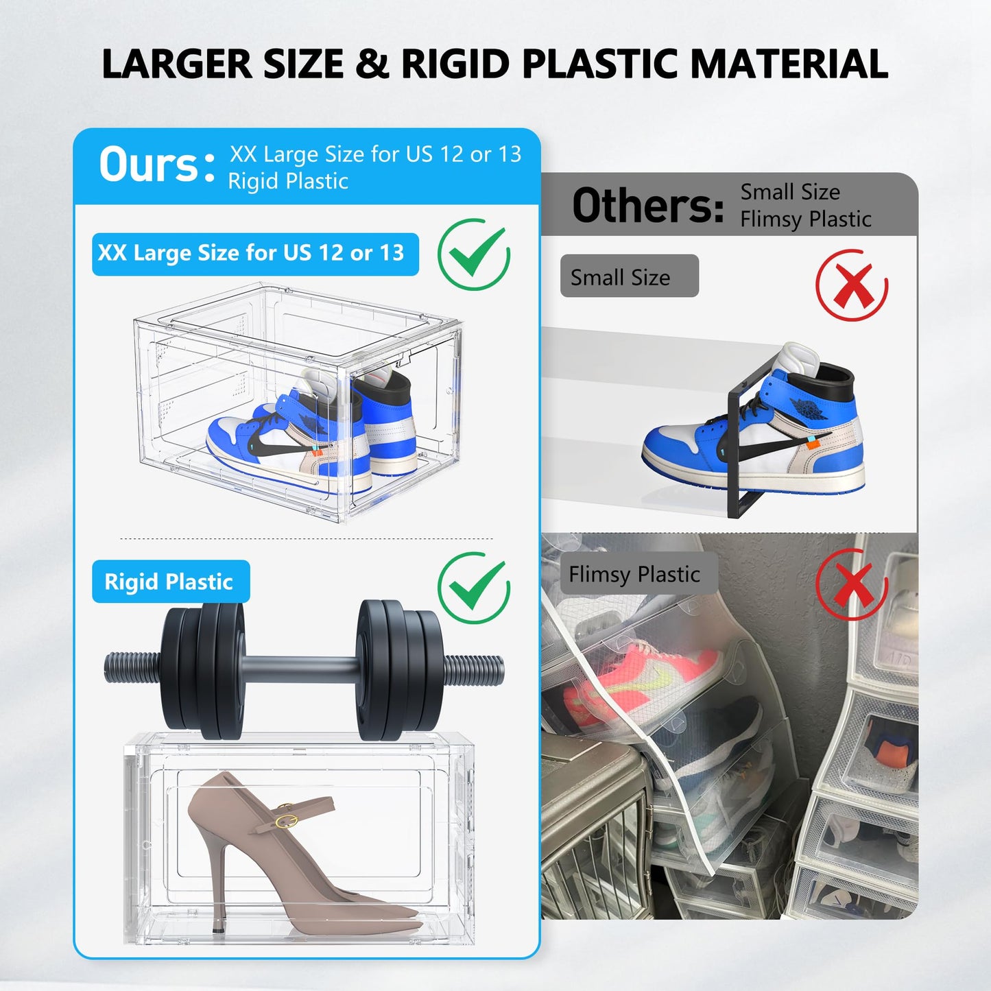 Kjfeoiye 12 Pack Hard Sturdy Thickened Rigid XX Large Shoe Storage Organizer for Closet, Clear Stackable Sneaker Shoe Boxes Rack Containers Display Case Bins with Lids, White