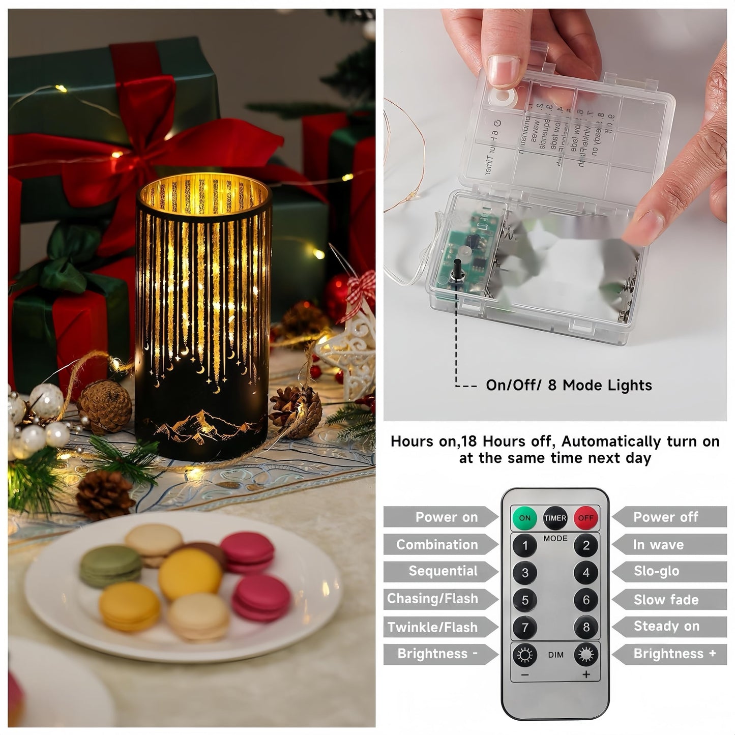 Ashroder Set of 3 Illuminated Starry Night Hurricanes with Remote Timer, Glass Votive Pillar Candle Holders, Removable LED String Lights Candles for Centerpiece Table Halloween Christmas Decor(Black)