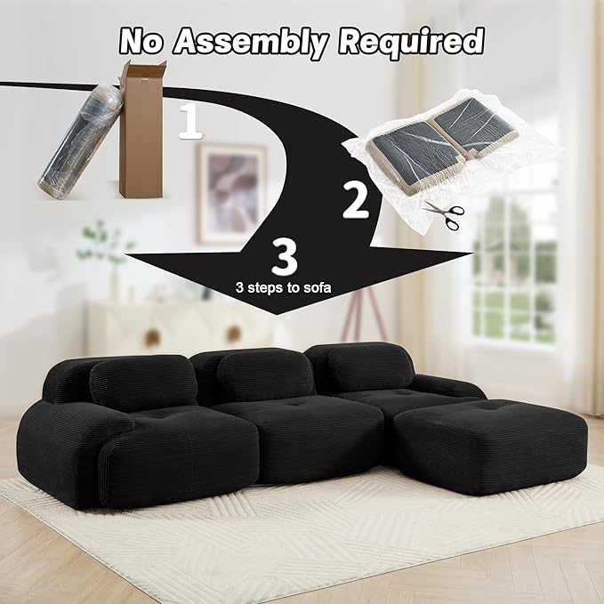 SoarFlash 117" Modern L-Shaped Modular Sectional Sofa for Living Room, Corduroy Upholstery Oversized 3-Seater Couch with Deep Seat and Movable Ottoman-No Assembly, Black