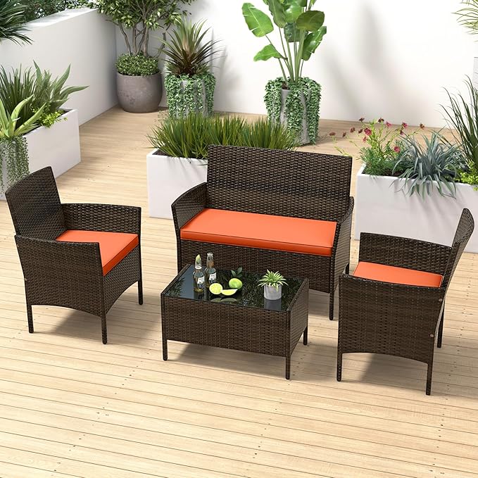 RELAX4LIFE 8-Piece Patio Furniture Set - Rattan Outdoor Conversation Bistro Set w/Cushions, Glass Coffee Table, Wicker Chairs & Loveseat for Garden Backyard Porch, Balcony Furniture Set (2, Orange)
