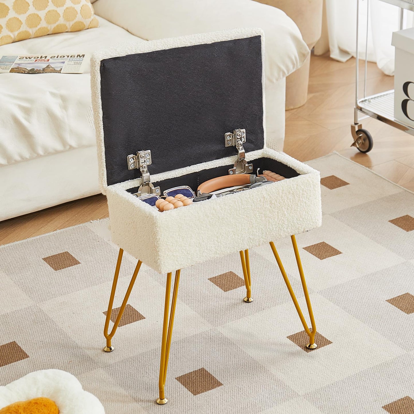 Alessing Vanity Stool Chair Ottoman with Storage, Sherpa Vanity Chair for Makeup Room, Rectangle Vanity Stools with Metal Legs, Soft Makeup Stool Footrest Footstools for Bedroom Living Room, White