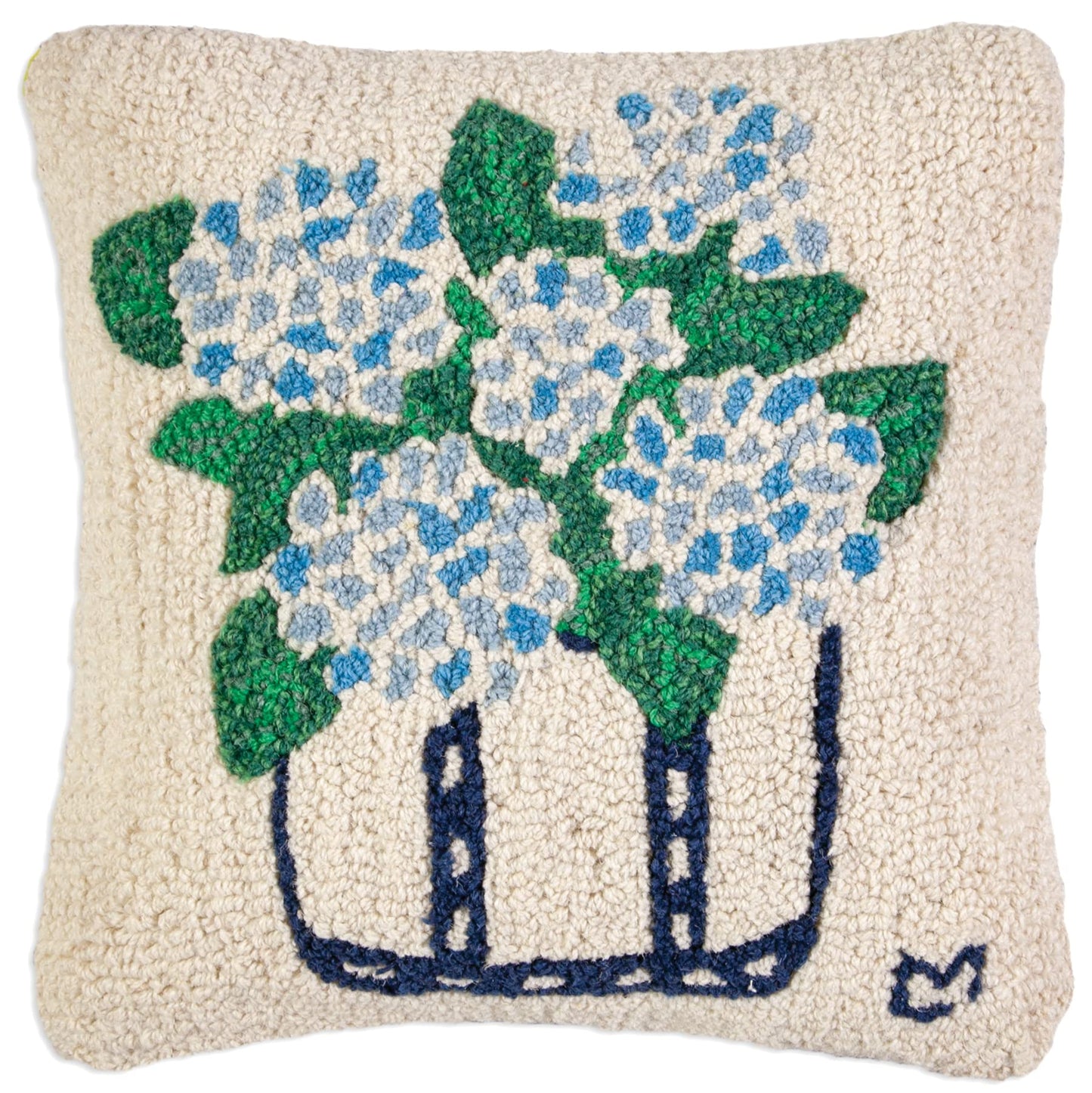 Chandler 4 Corners Artist-Designed Hydrangea Tote Hand-Hooked Wool Decorative Throw Pillow (18 in x 18 in) Flower Themed Pillow for Couches & Beds - Easy Care & Low Maintenance Floral, Garden Pillow