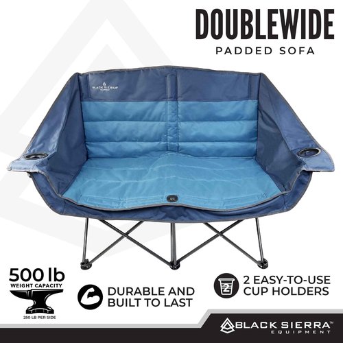 Black Sierra Double Padded Folding Camping Chair, Oversized Folding Camp Sofa, Portable Outdoor Loveseat Supports 500 lbs, Perfect for Beach, Tailgating, RV, Sports, Patio