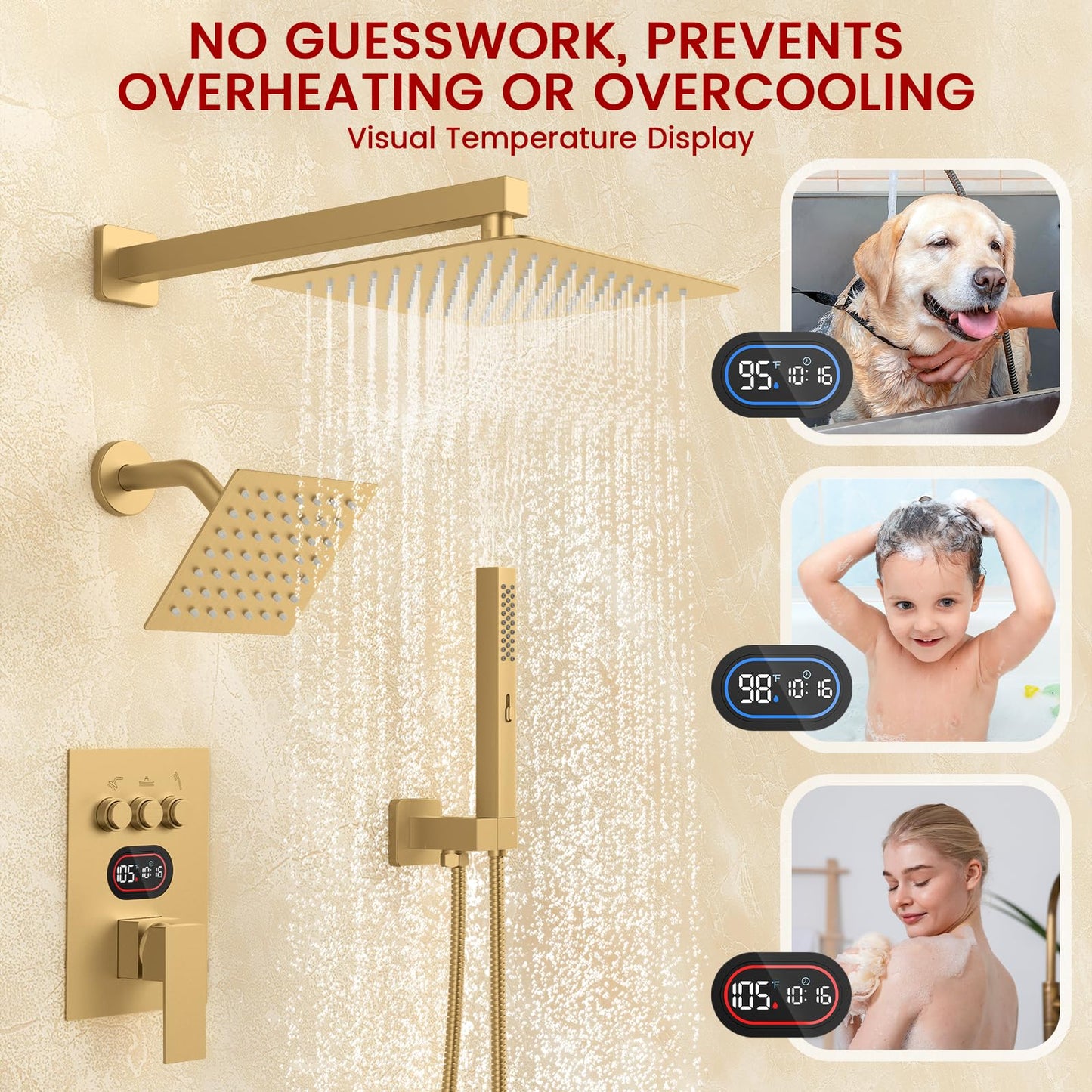 Push Button Diverter Shower Faucet Set Hydro Power Temperature Display, Shower System Wall Mounted 10" & 6" Shower Head with 3-Spary Handheld, Shower Fixtures with Valve and Trim Kit, Brushed Gold