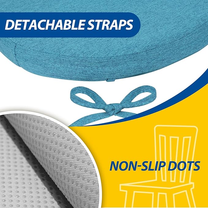 AAAAAcessories D-Shaped Chair Cushions, 2" Thick Dining Chair Pads with Ties and Removable, Machine-Washable Cover, 17" x 16", Set of 2, Teal