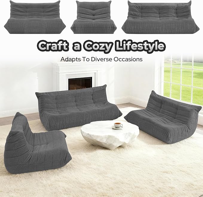 HABUTWAY Bean Bag Chairs Fireside Lazy Floor Sofa, Soft Teddy Fleece 2 Seater Sofa with High-Resilience Foam Filling，Beanbag for Living Room, Bedroom, Office (Dark Grey Teddy)