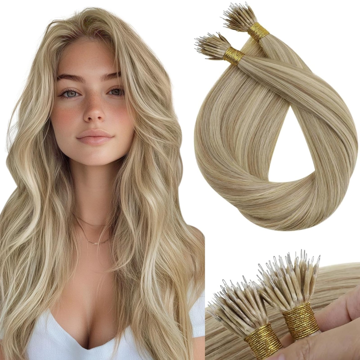 Sunny Hair Nano Hair Extensions Human Hair Blonde 22inch Nano Bead Remy Hair Extensions for Women Micro Loop Extensions Hair 50g