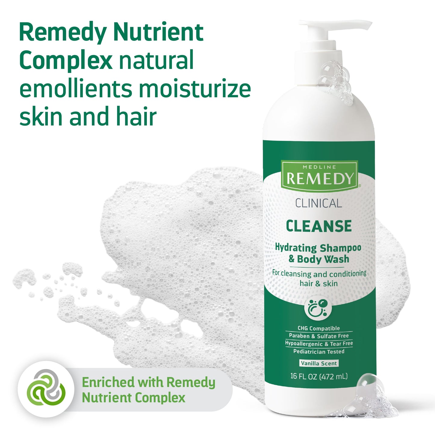 Medline Remedy Clinical Hydrating Shampoo & Body Wash (16 fl oz), Vanilla Scent, Cleanser, No-Rinse, Adults, Kids, Shower Or Bed