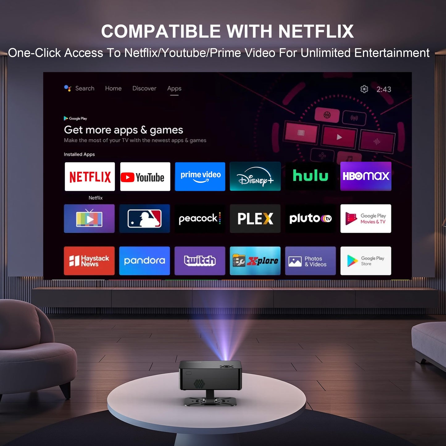 【Compatible with Netflix & 180° Stand】Smart Projector with WiFi and Bluetooth, AI Auto Focus & Keystone Portable Movie Projector, Native 1080P 4K Support Home Theater Outdoor Proyector-Black
