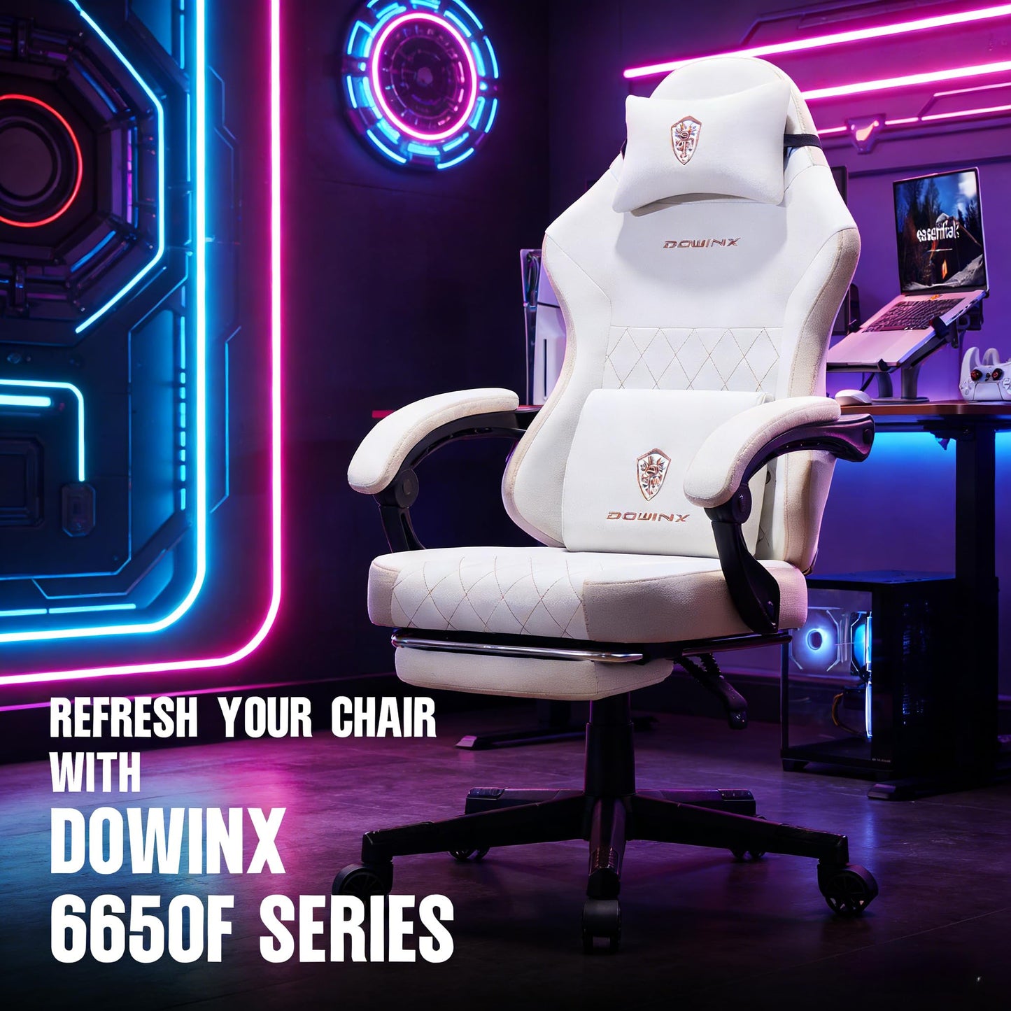 Dowinx Gaming Chair with Pocket Spring Cushion, Massage Lumbar Pillow & Footrest, Wide Seat with Padded Armrests, Breathable Fabric, Reclining Computer Chair for Home Office-Beige