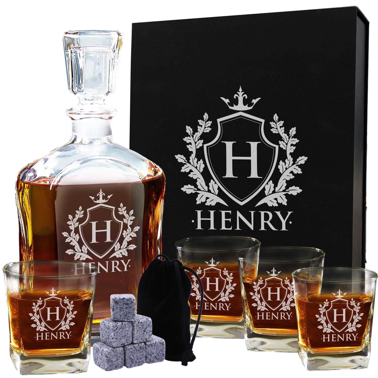 My Personal Memories, Personalized 5 pc Whiskey Decanter Set - Decanter and 4 Glasses Gift Set - Custom Engraved with Name and Initial (Shield Design)
