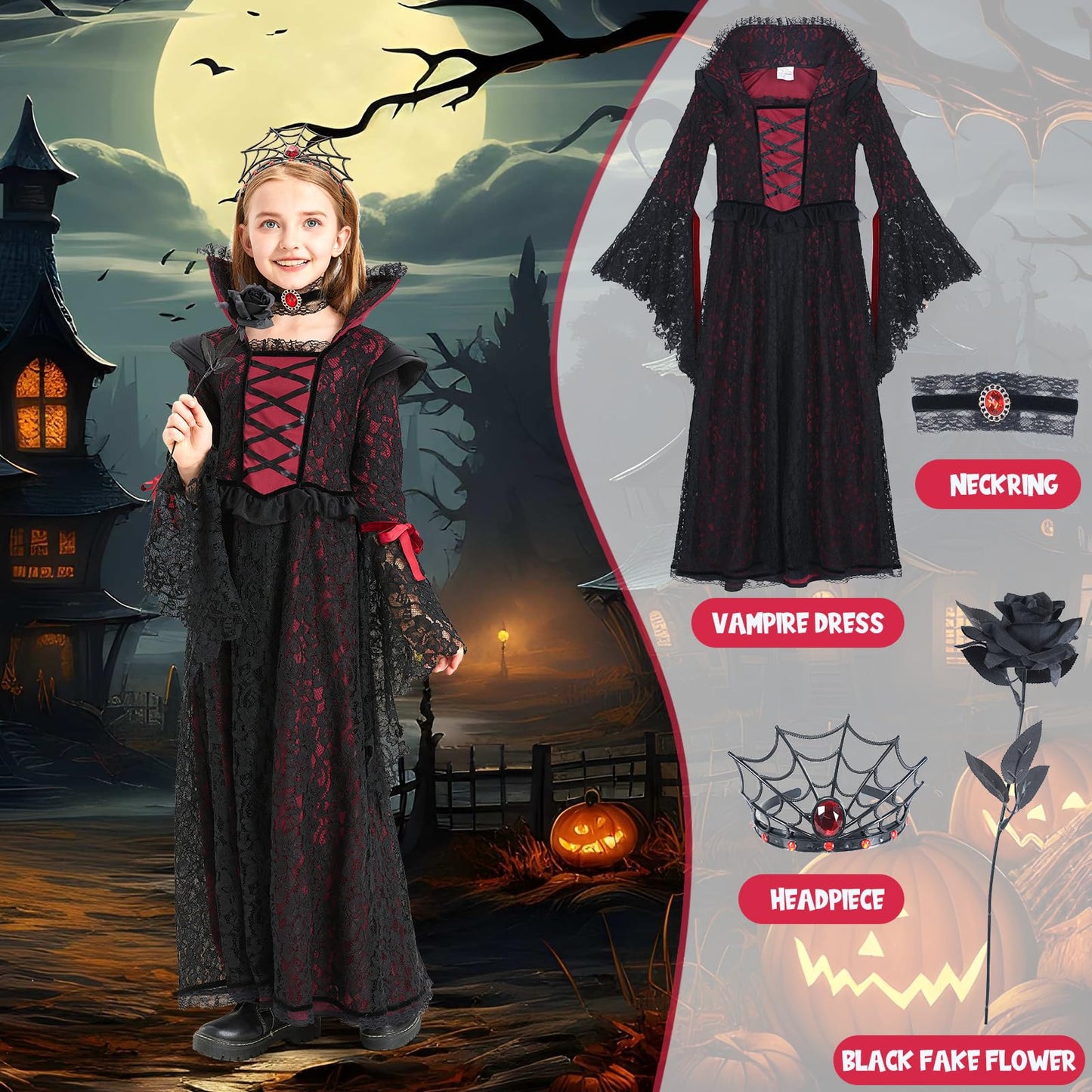 LETIME Vampire Costume for Girls Halloween kids Royal Vampire Dress Elegant Gothic Outfit for Trick-or-Treat & Parties