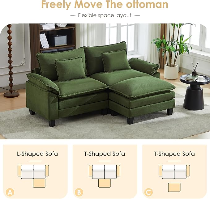 URRED Cloud Couch Modular Sectional Sofa, 87" Modern L Shaped Deep Seat Sofa with Ottoman & Pillows, Ultra Comfy Corduroy Couches for Living Room, Bedroom or Apartment, Green