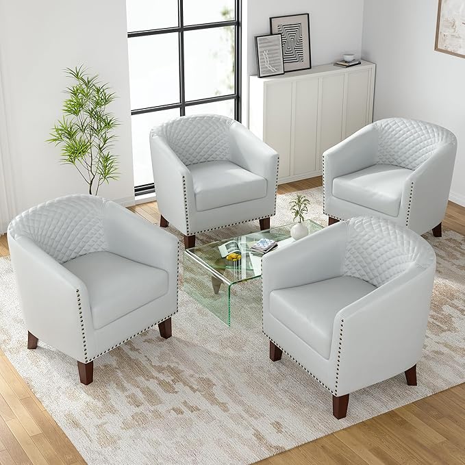 UIXE Faux Leather Barrel Accent Chairs Set of 4, Modern Club Upholstered Arm Chair, Comfy Armchair Nailed Trim Living Room Single Sofa Reading Seat Bedroom Side Sitting for Office, White