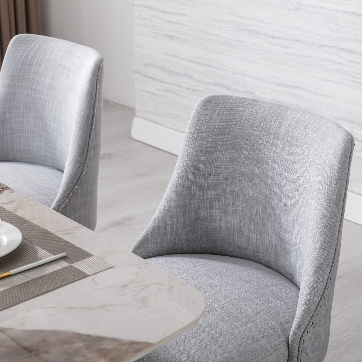 LZAREAL Linen Dining Chairs Set of 2 Upholstered Accent Chair with Nailhead Trim & Solid Wood Legs, Mid Century Modern Side Chair for Kitchen/Dining/Living/Bedroom, Linen Grey