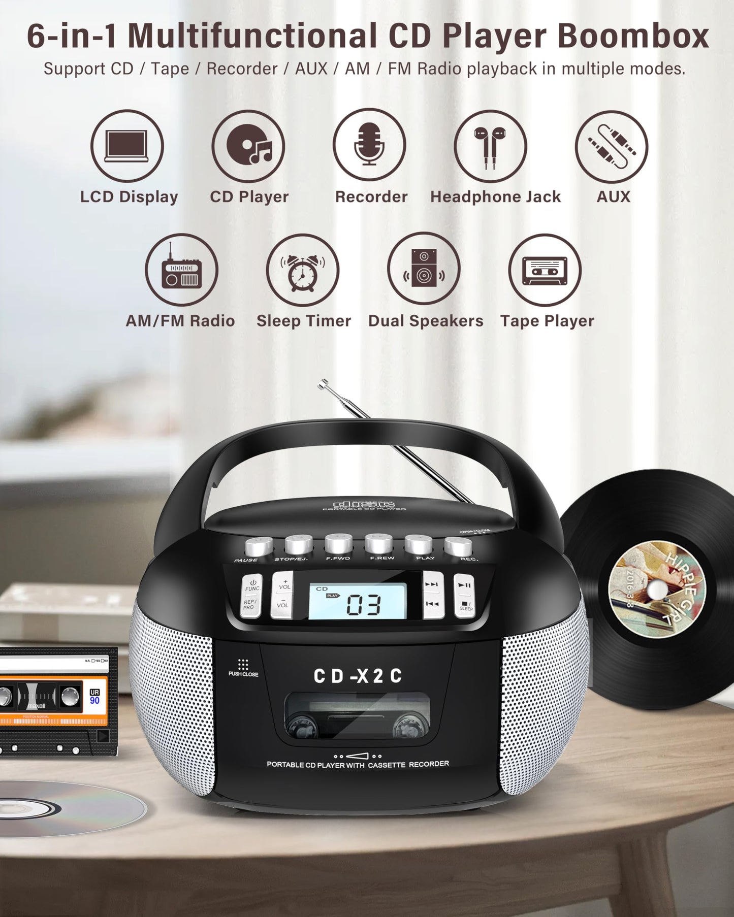 Pbochi Portable Top Loading Cd Boombox With Am/Fm Stereo Radio, Tape Recorder, Aux In Cable And Ac Powered, Battery Operated, Pr