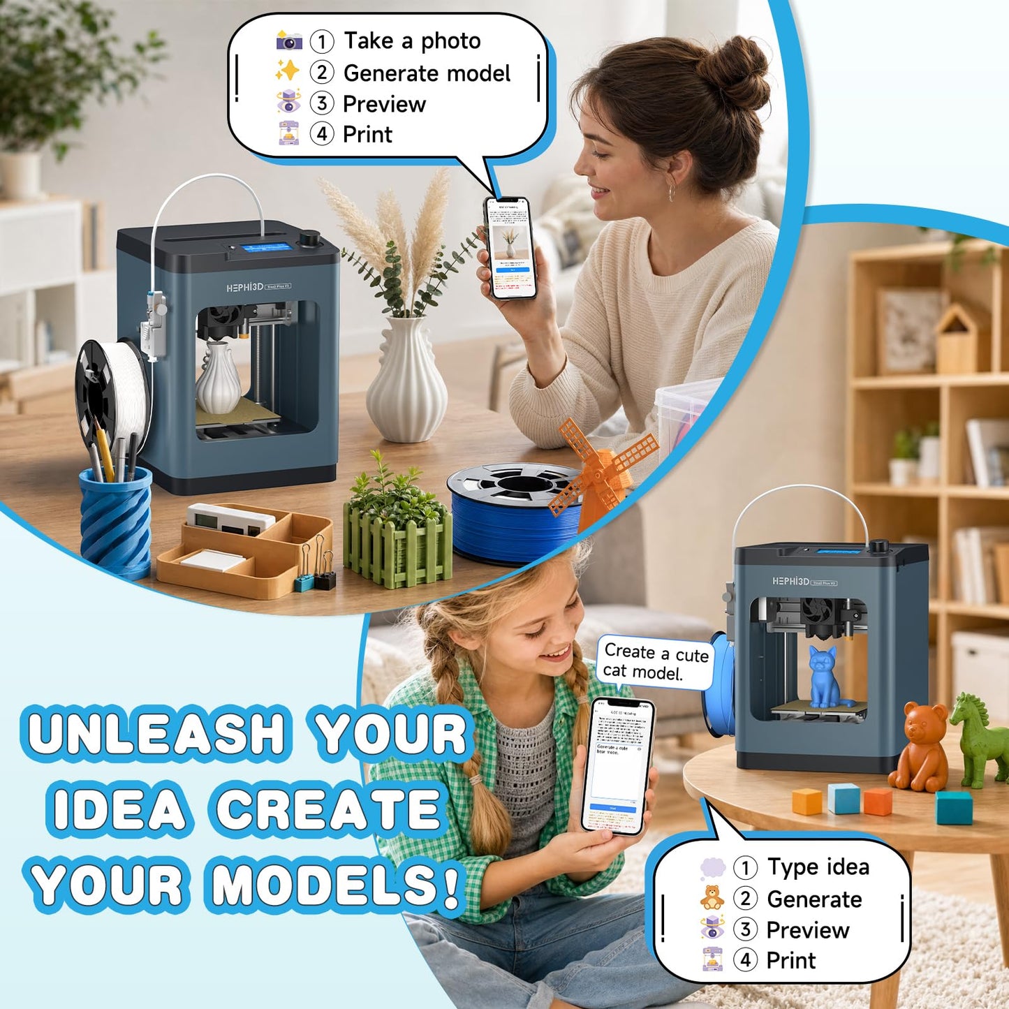 TINA2 Plus 3D Printer with WiFi Cloud, HEPHI3D DIY 3D Printers 250mm/s High Speed, Auto Leveling Mini 3D Printer for Beginners and Kids, Fully Assembly 3D Printers Open Source for Home, Office, School