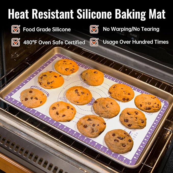 Silicone Pastry Mat with 10 Useful Recipes, Silicone Mat for Baking, Dough Rolling,Bread, Cookie, Macaron, Pizza, Surdough, Non Slip Silcone Mat for Counter, Baking Suppliers Essential