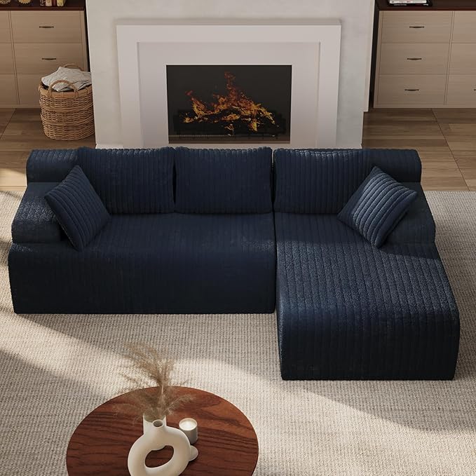 LAUSAINT HOME 96" Modular Sectional Sofa Couches, L-Shaped Boneless Cloud Sofa with 3 Deep Seat, 5 Cushiones Oversized Chaise for Living Room, Bedroom, Plush Corduroy Fabric (Right, Navy Blue)