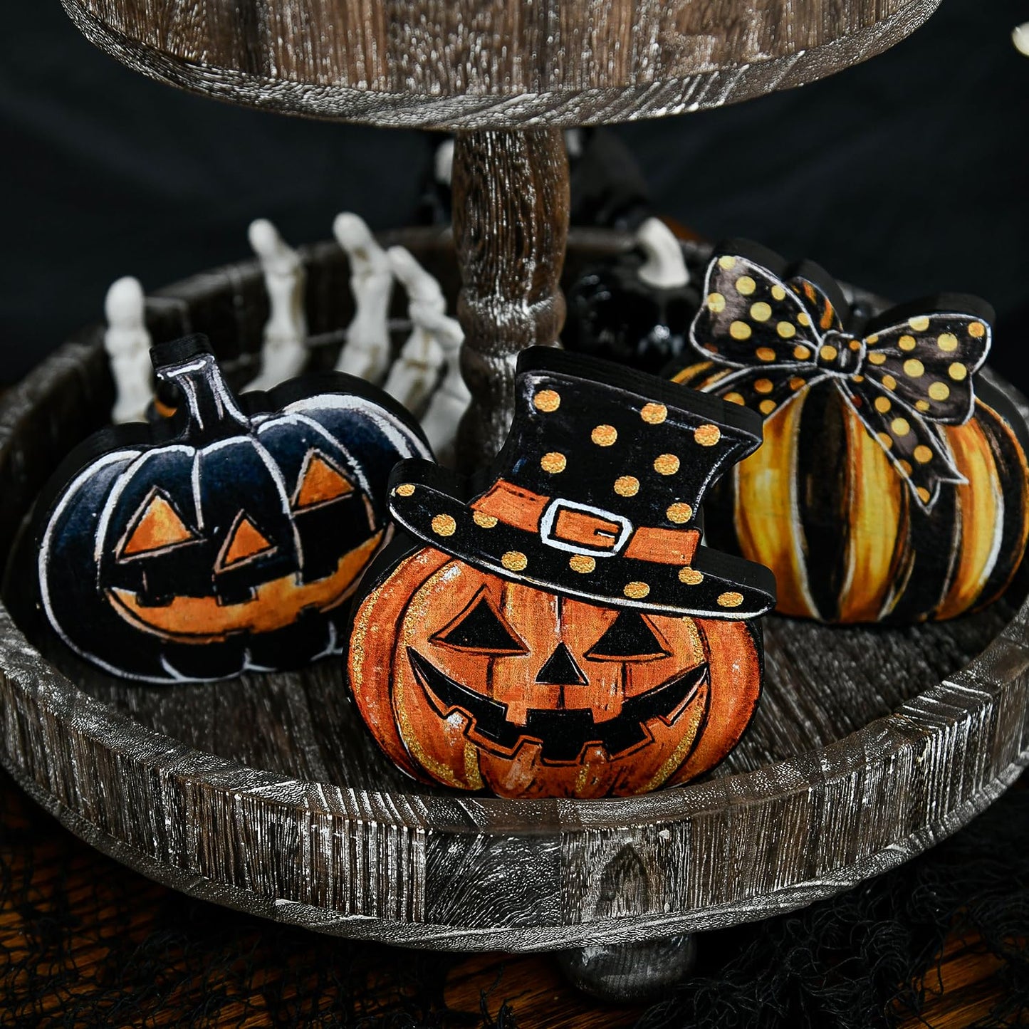 Smile 3 Pcs Wooden Blocks Signs, Happy Halloween Pumpkin Tiered Tray Decorations, Indoor Decor for Kitchen Bathroom and Home Table Shelf