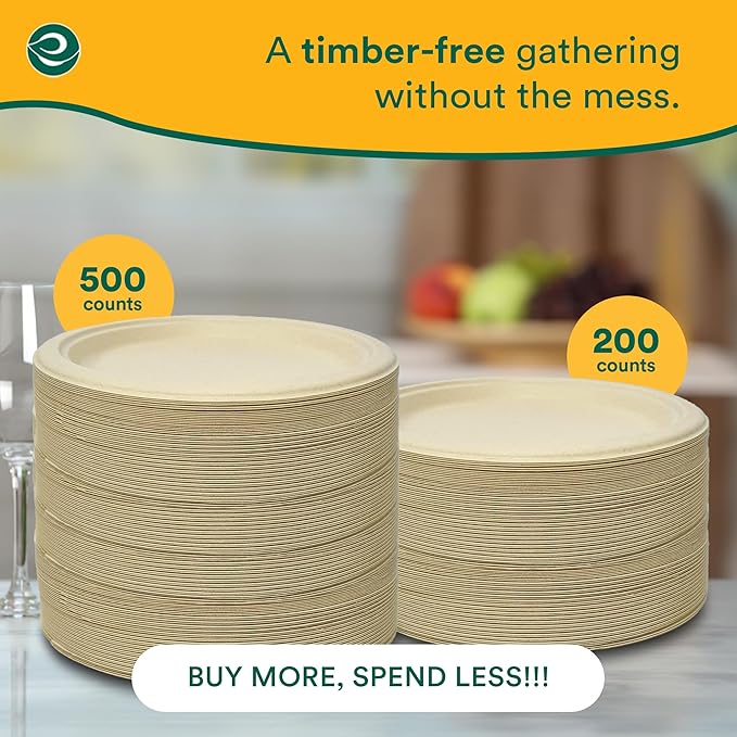 ECO SOUL 100% Compostable Paper Plates 10 Inch [100-Pack] Biodegradable Heavy Duty Eco-Friendly Disposable Plates for Christmas Dinner, Parties, Wedding & Event