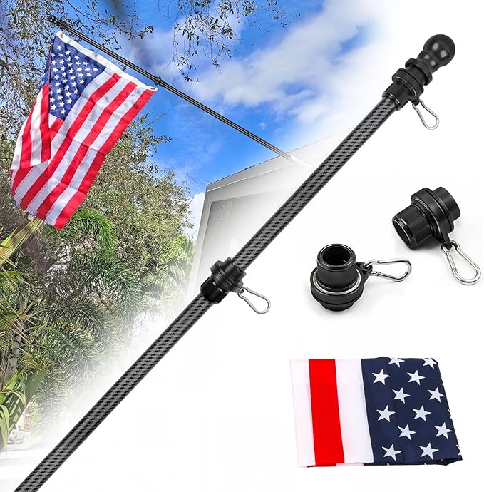 HIBLE Carbon Fiber Flag Pole for House 5 FT Black Flag Pole with 2x3 FT Nylon US Flag and Built-in Bearings Tangle Free Ro...