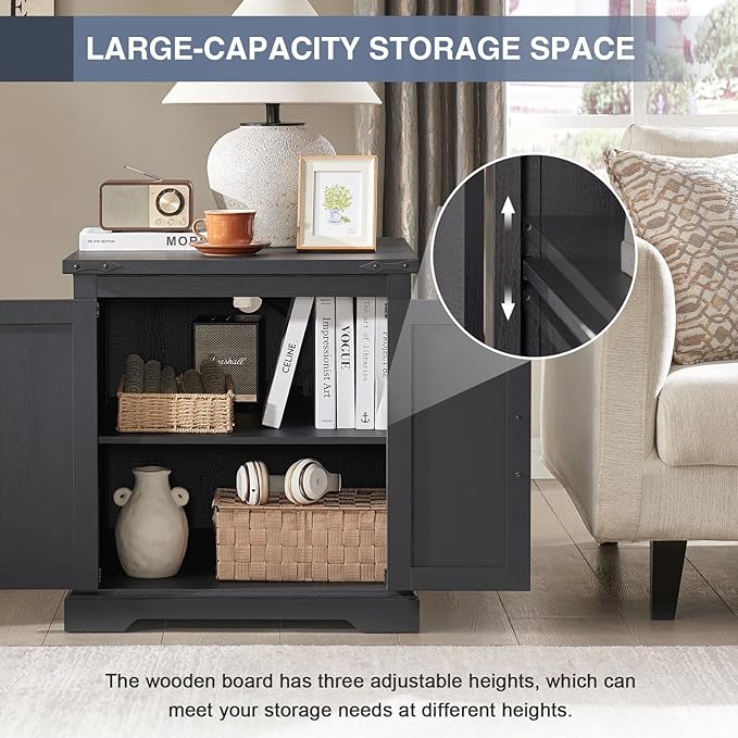 Barnyatoh Farmhouse End Table with Charging Station,24" Large Sofa Side Table with Barn Door, Rustic Wood Square Nightstand Bedside Table with Adjustable Storage Shelf for Living Room, Bedroom,Black