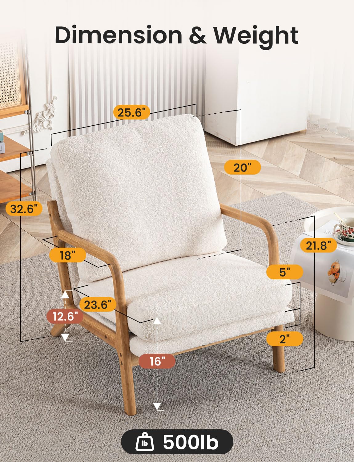 Mid Century Modern Accent Chairs for Living Room, 23” Wide Comfy Chair for Bedroom, Small Cozy Sherpa Reading Chairs for Adults, 108° Lounge Arm Chair Indoor with Detachable Cover, 5.5" Foam Cushion