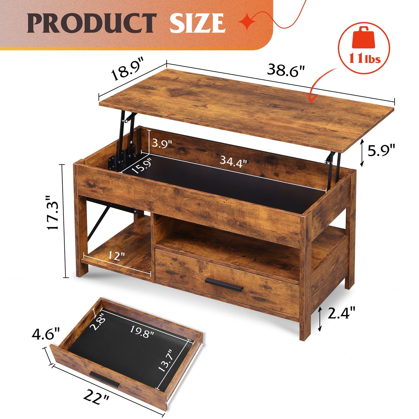 WLIVE Coffee Table, 39" Lift Top Coffee Table with Hidden Compartment, Storage Drawers and Storage Shelf for Living Room, Reception Room, Rustic Brown