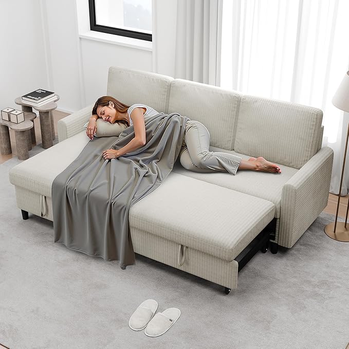 Nuturelly Sectional Sofa Couch Bed L Shaped Sleeper Sofa Bed Pull Out Bed with Storage, Reversible Sectional Couches for Living Room, Apartment, Office(White)
