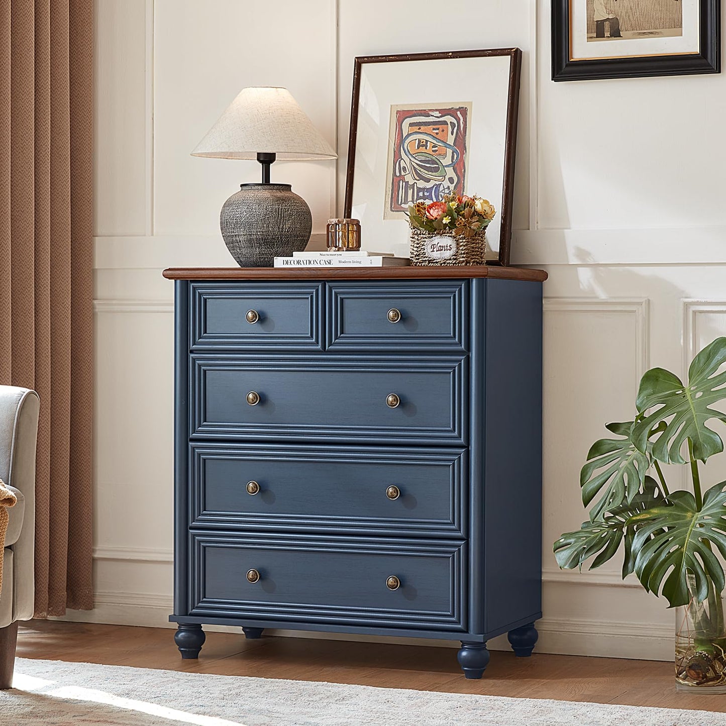 RWYHG Farmhouse 5 Drawer Dresser for Bedroom, 35.5" Tall Small Dressers & Chest of Drawers, Rustic Wood Dresser with Roman Column, Storage Organizer for Living Room, Hallway, Closet (Blue)