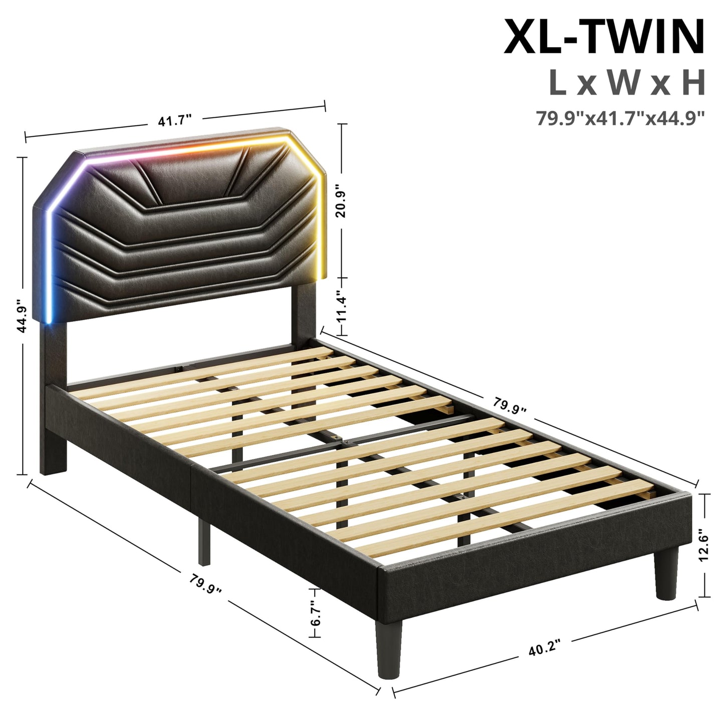 LIKIMIO Twin XL Bed Frames with Lighted Headboard, Upholstered Modern Cama Twin XL Platform Bed with Heavy Duty Supports, No Box Spring Need, Noise Free, Easy Assembly, Black