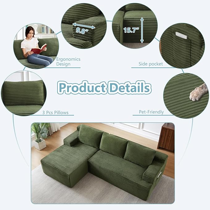 96" Cloud Sectional Couch with L-Shape Chaise, Modern Corduroy Boneless Couch for Living Room,Memory Foam Sofa with Deep Seat,No Assembly Required (Green,Left-Facing Chaise)