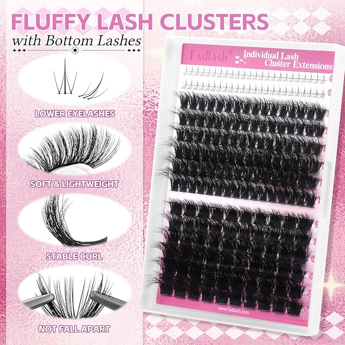 FADLASH Cluster Eyelash Extensions with Bottom Lash Clusters 100D 200D Individual Lashes 12-18mm Eyelash Clusters Fluffy DIY Lash Extensions 3D Effect (100D+200D-12-18mm)