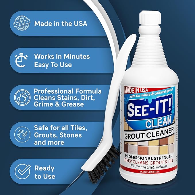 Grout & Tile Deep Cleaner Brightener & Heavy-Duty Stain Remover Acid-Free Safe for Ceramic, Porcelain, Marble, Stone - 32 fl. oz. with Hand Cleaning Brush