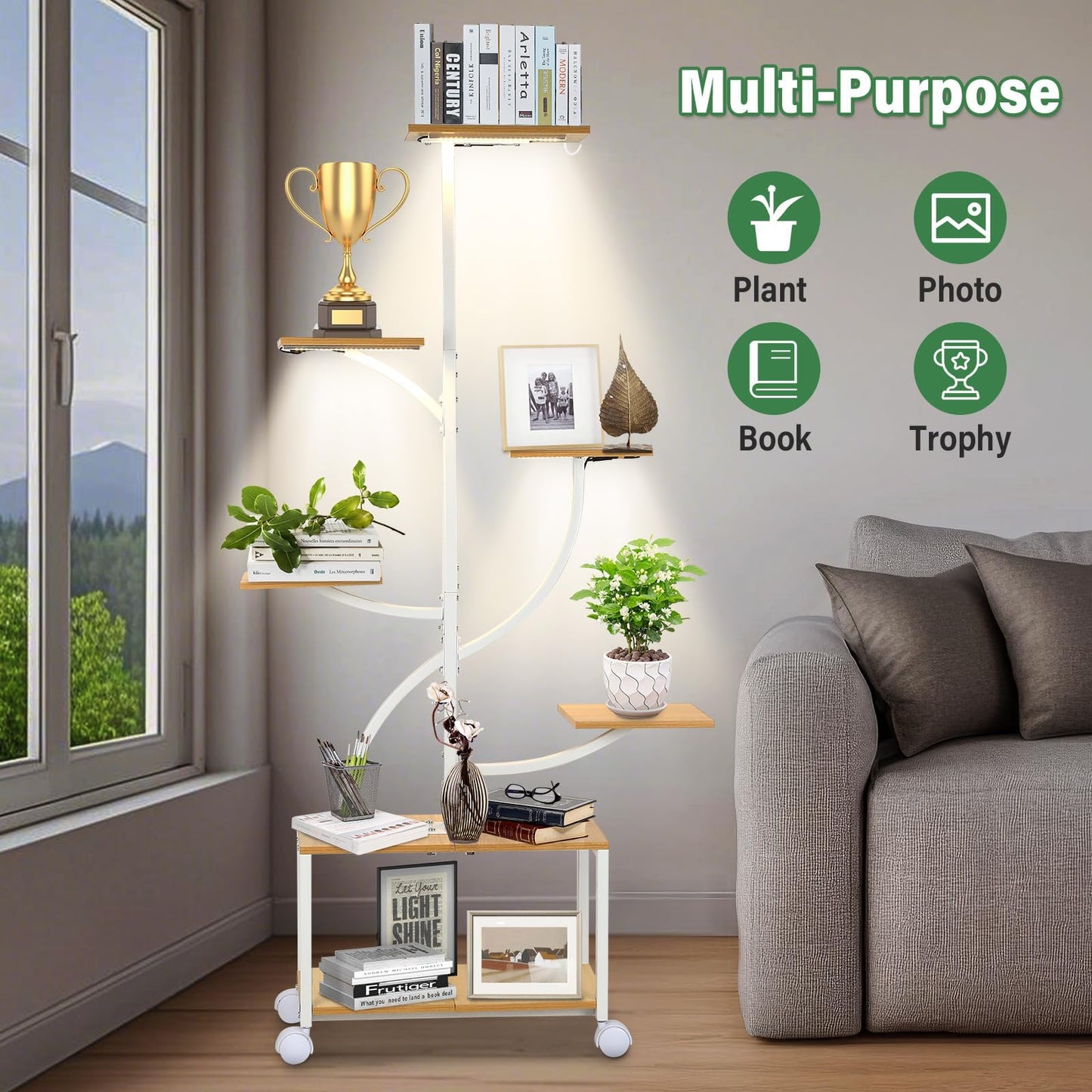 Bornerwhite Plant Stand Indoor with Grow Light, 7 Tiered Plant Shelf with Wheels, 61" Tall Metal Built-in Light Stand for Indoor Plants Display Rack for Living Room Corner Patio Balcony Garden (White)